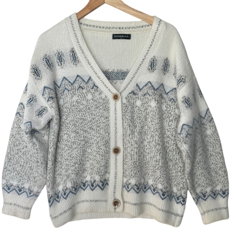 Romantic Hut Fuzzy Knit Cardigan Sweater Fair Isle Nordic Pattern Cottagecore SM - Picture 1 of 15